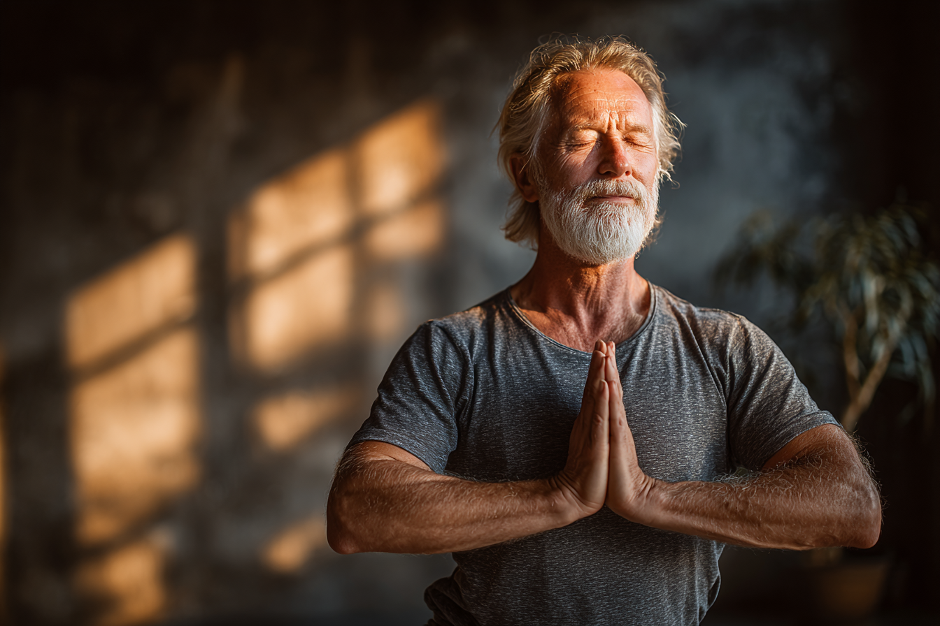 Жінка похилого віку медитує на природі